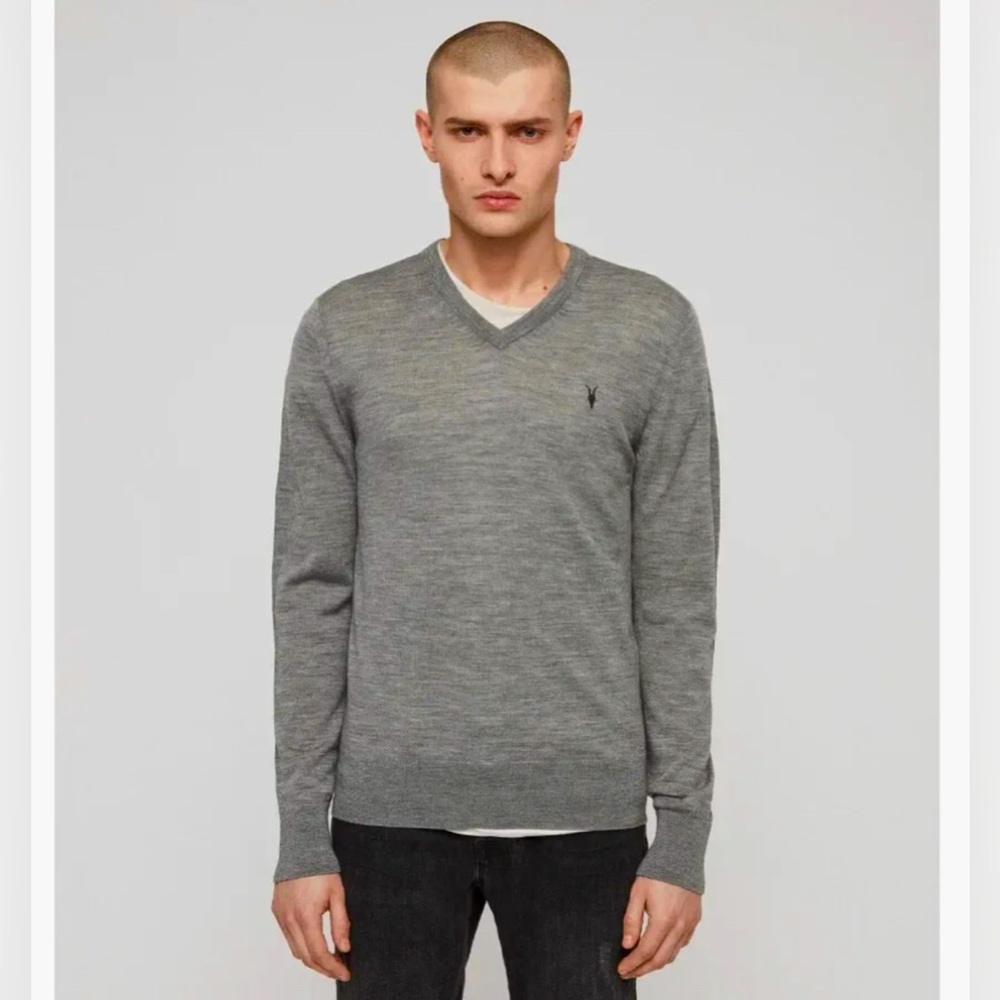 AllSaints Men’s Mode Merino Wool V-Neck Ramskull Sweater